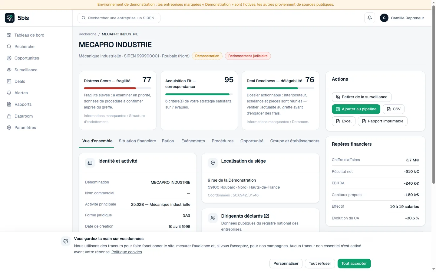 Fiche entreprise de 5bis : scores de fragilité, de correspondance et d'actionnabilité, avec les facteurs qui les expliquent.